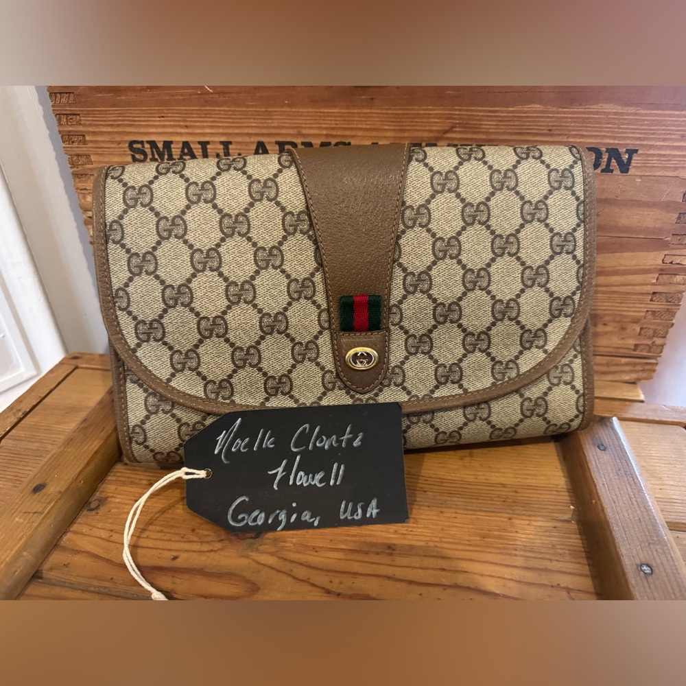 Gucci Tan and Brown Monogram Sherry Line Clutch